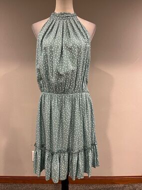 Sleeveless Halter Polka Dot Mini Dress in Sage color size extra large